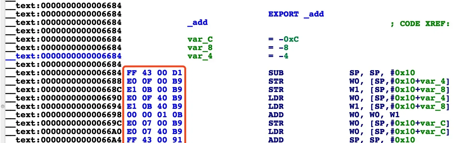 Machine code in IDA (sub_6684, shown as add since symbols are kept here)