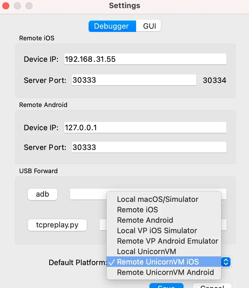 Selecting Remote UnicornVM iOS mode