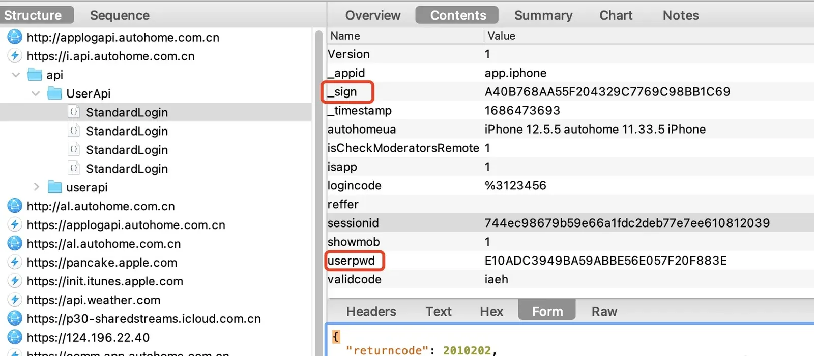 Captured login request