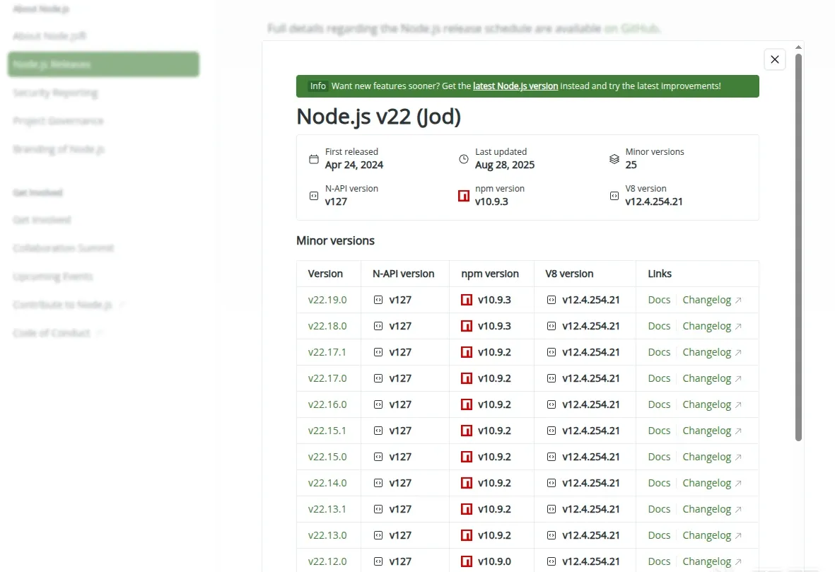 Node.js release list showing the bundled V8 version