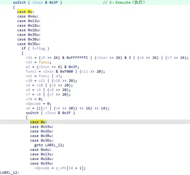 IDA pseudocode showing the second-level dispatch