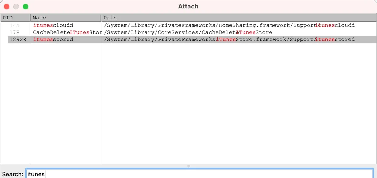 Attaching to itunesstored