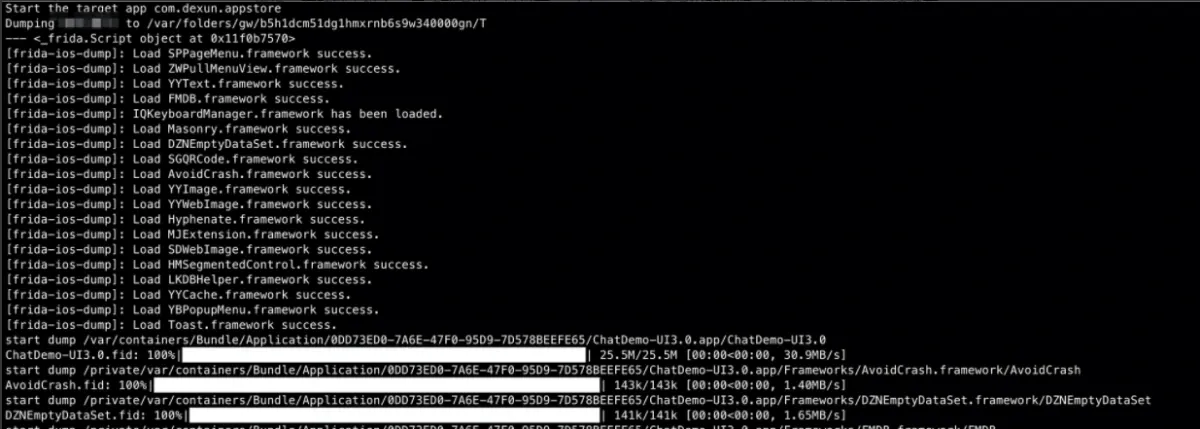 frida-ios-dump log showing frameworks loaded
