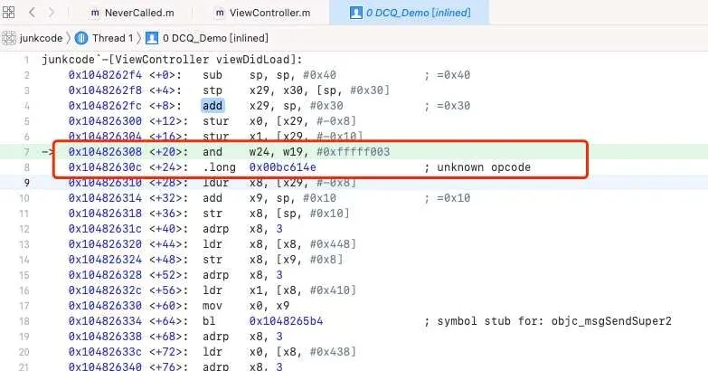 Xcode disassembly of the same bytes