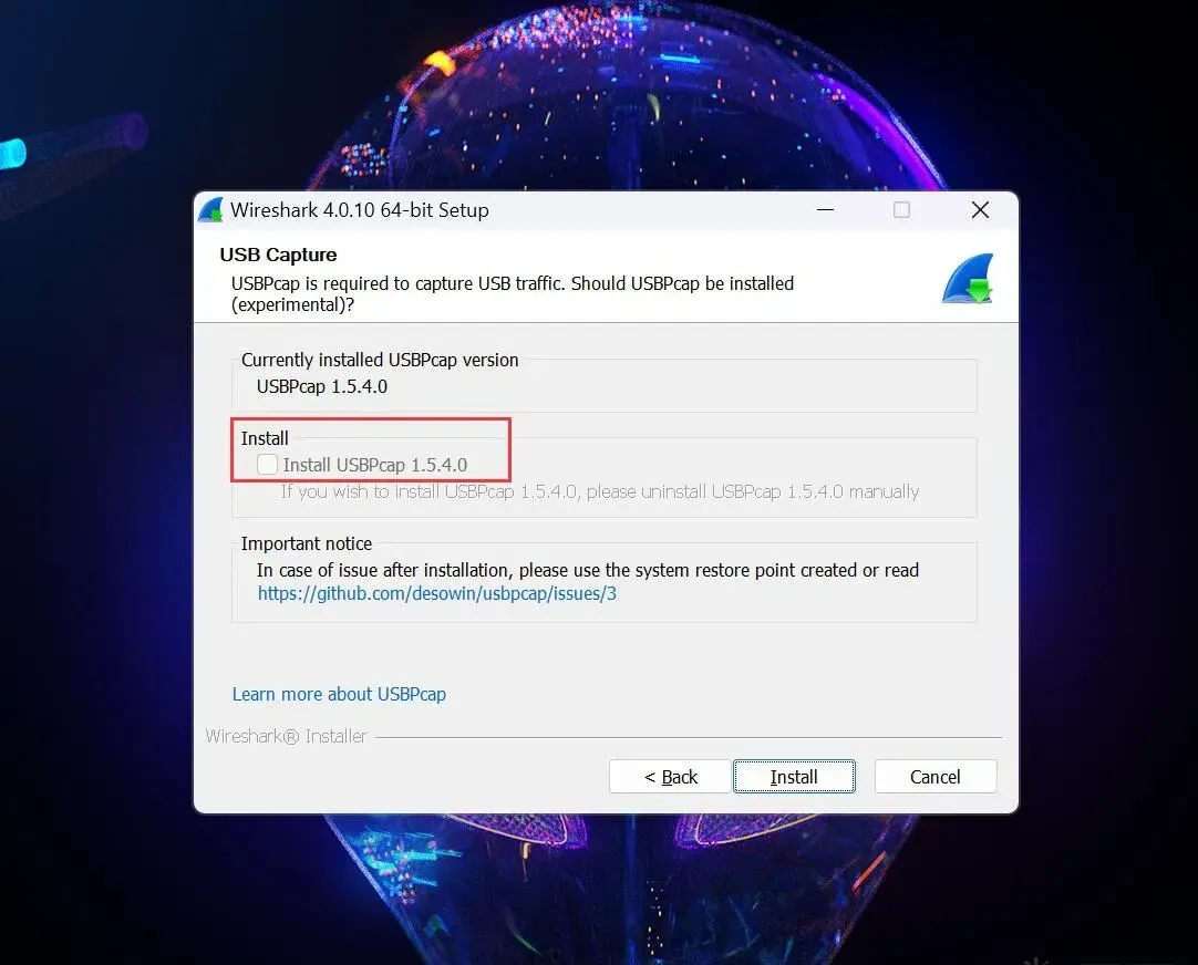 Installing USBPcap with Wireshark