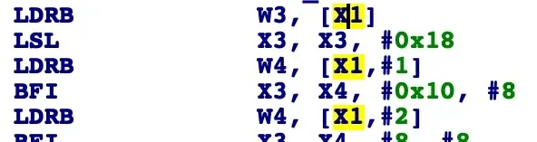 GET_UINT32_BE compiled to ARM64 — LSL, ORR, BFI