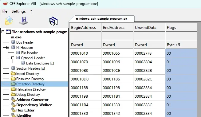 Exception directory in a PE tool