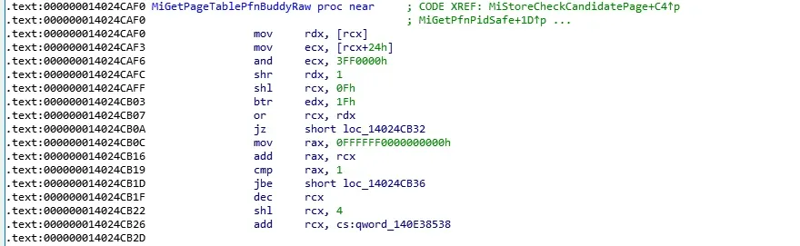Breakpoint on MiGetPageTablePfnBuddyRaw
