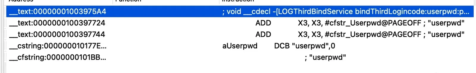 Searching for “userpwd” in IDA