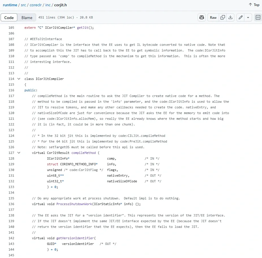 The ICorJitCompiler definition and comments