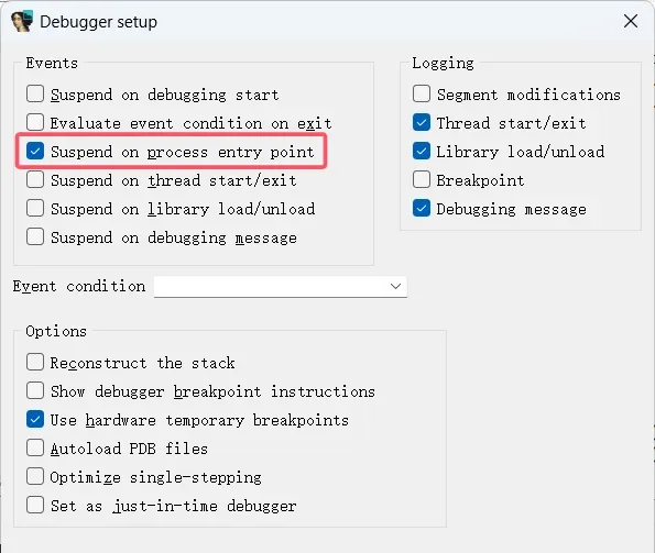 Break at program entry option
