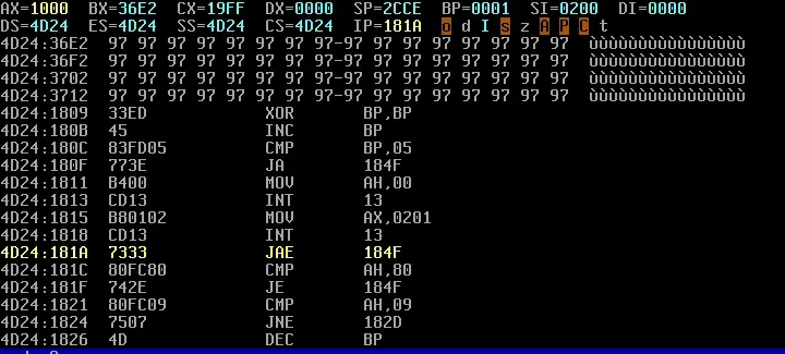Resetting the floppy to read sector 19FF