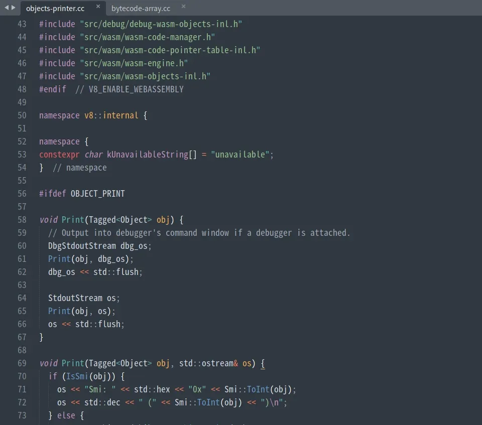BytecodeArray::Disassemble → Object::Print