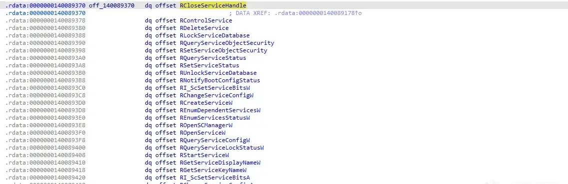 The vtable mapping procedure numbers to functions