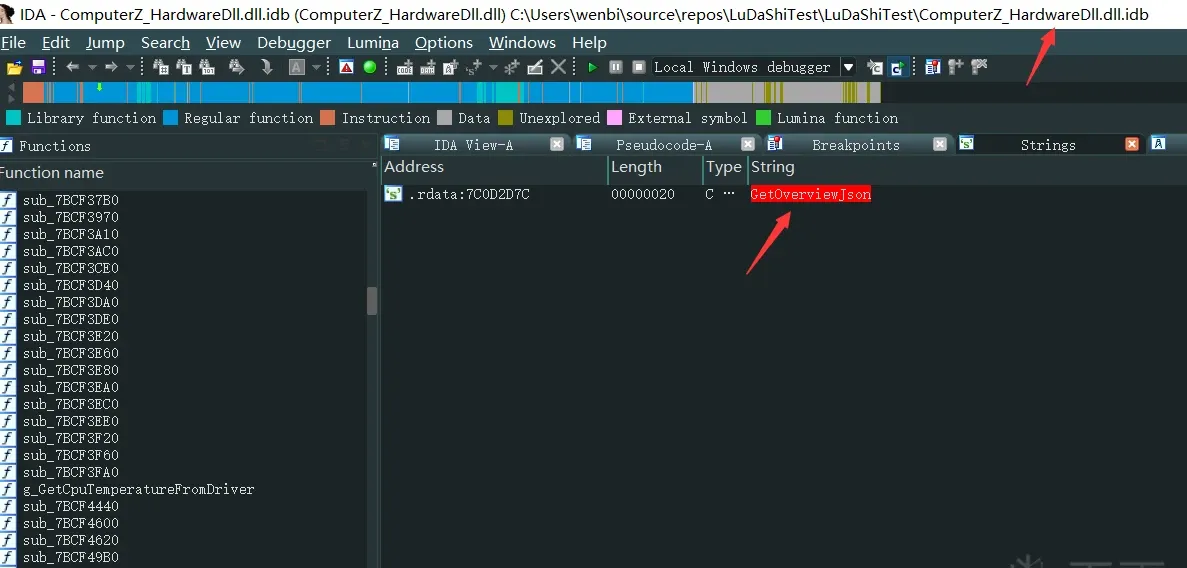 Searching GetOverviewJson in IDA