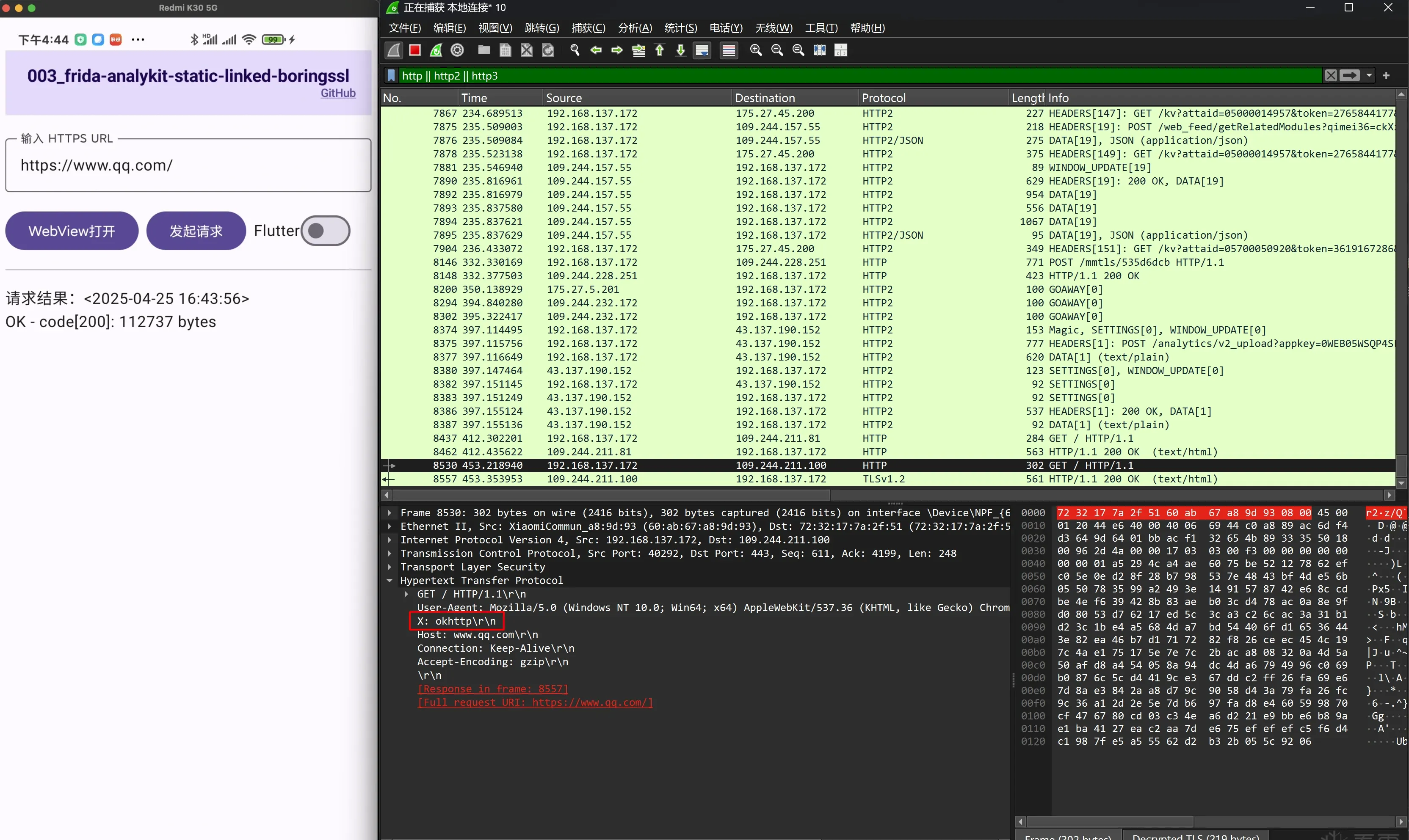 Java okhttp request Wireshark capture