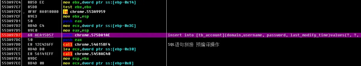 Breakpoint at the insert statement