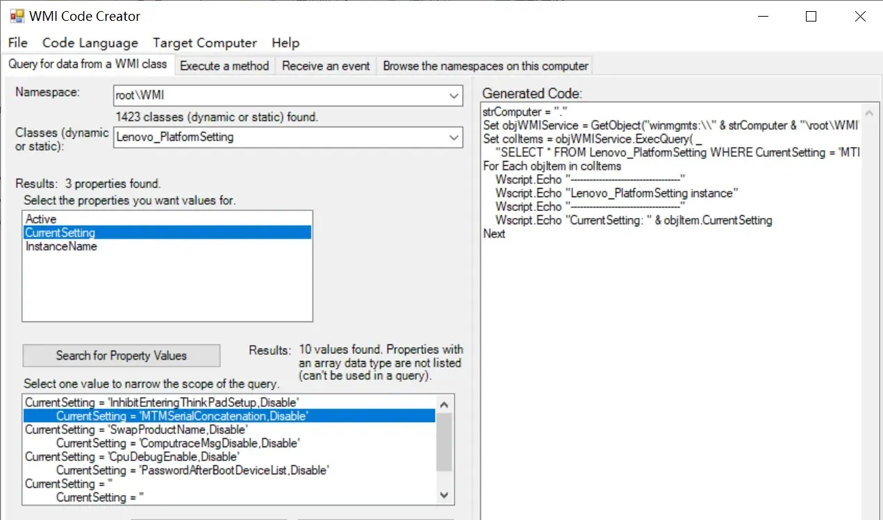 Verifying the WMI interfaces with WMICodeCreator