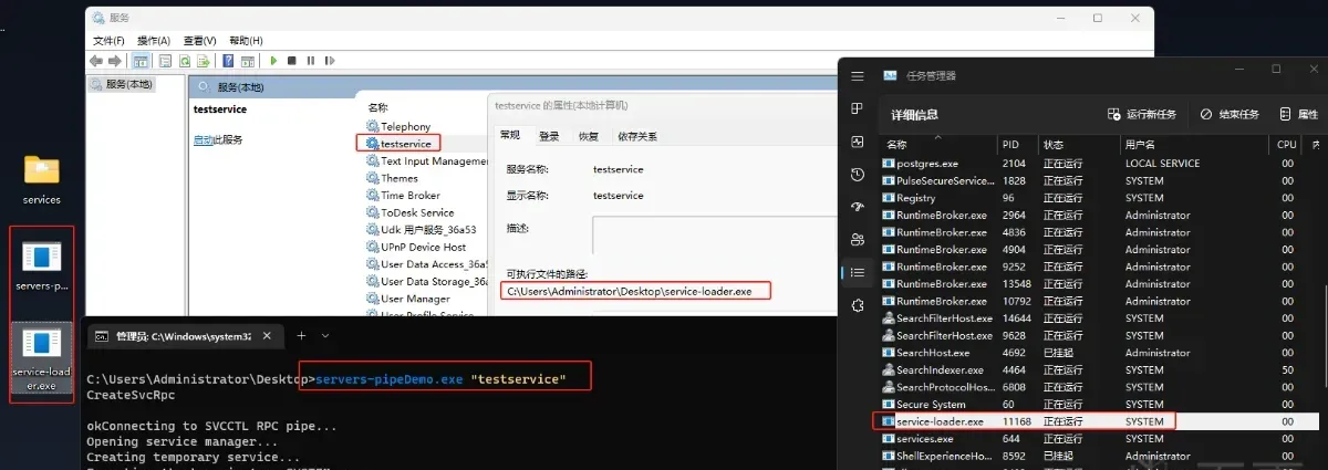 testservice created, running as SYSTEM