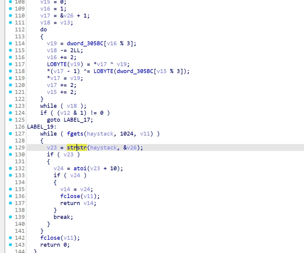 open system files, fgets, strstr