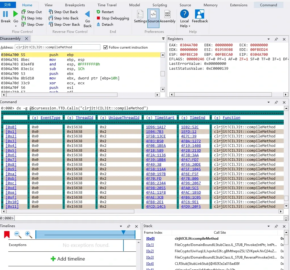Listing CILJit::compileMethod calls with TTD