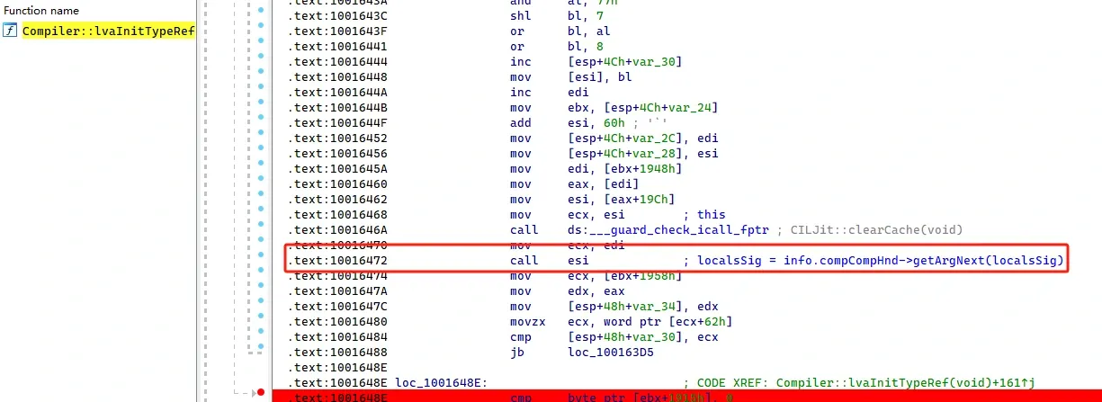 Breaking after the final getArgNext to read localsSig from eax