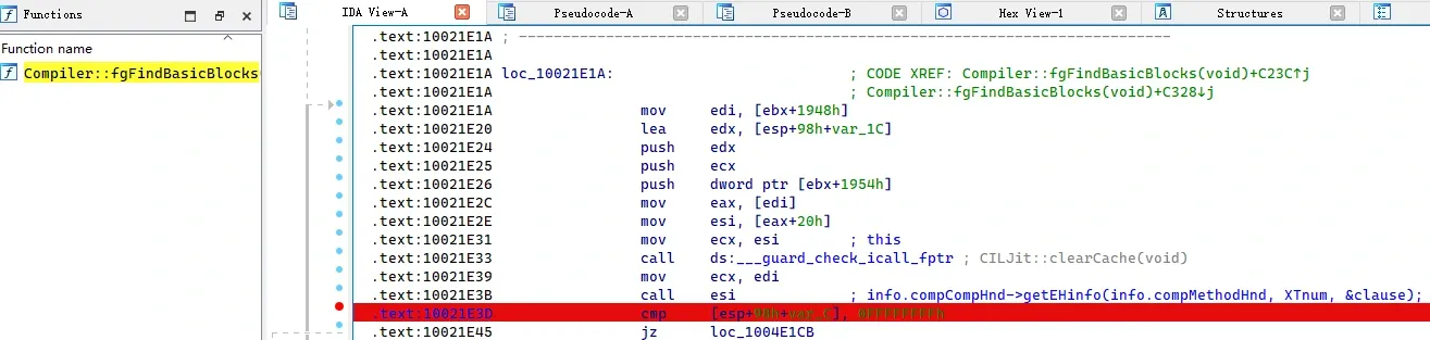 Breaking after getEHinfo to read the clause from the stack