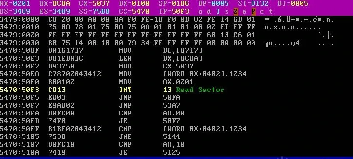 AX=201, CX=0001 boot sector