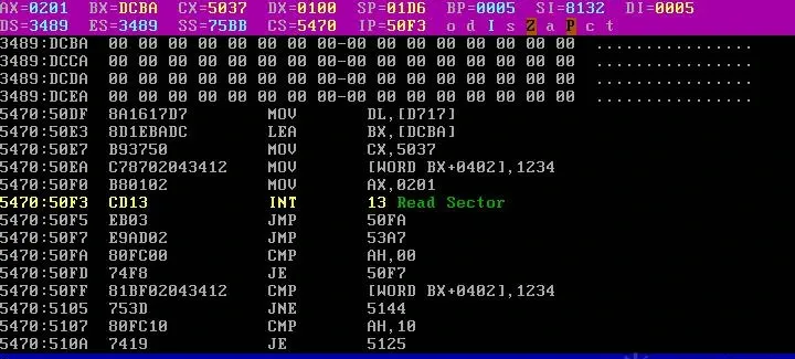Head 1, sector 5037, write 1234 at BX+402