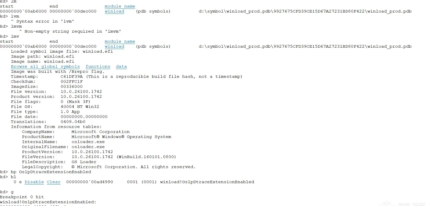 bp OslpDtraceExtensionEnabled