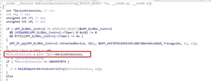 RaDriverDeviceControlIrp arg 1 = DeviceObject