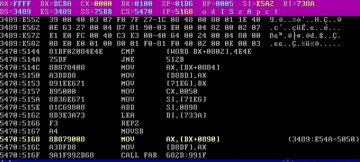 50h bytes at BX+898 → [733A]