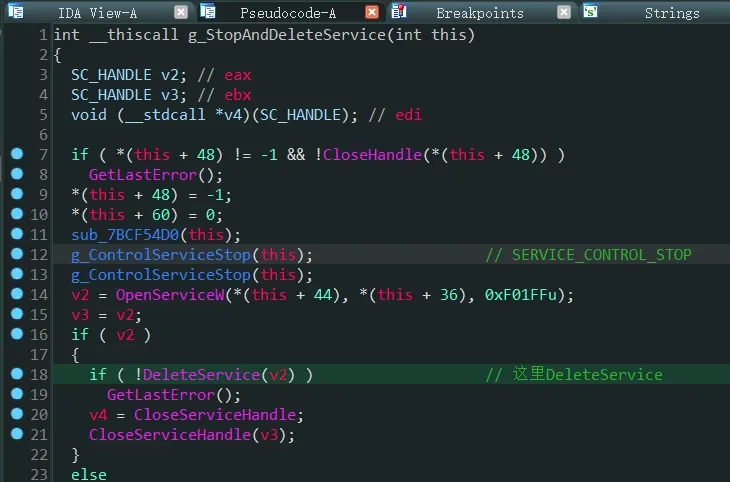 StopAndDeleteService after CreateFileW